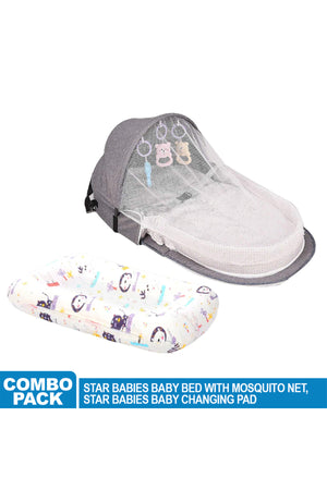 Star Babies - Bed With Mosquito Net & Printed Changing Pad - Grey