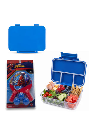 Cocobee-Tritan Bento Lunch Box, BPA Free, 4 Compartments, Leakproof, Design – Blue +Marvel Spider-Man Paddle Ball Set with 3 Balls