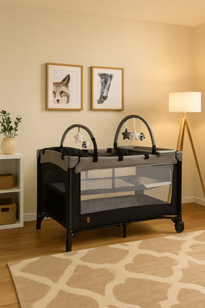 Kikibebe Expandable Convertible Bedside Crib With Playpen & Rocking Glider - Black
