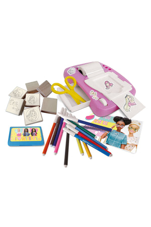Multiprint Barbie Sticker Machine – DIY Sticker Maker Set with 12 Markers, 7 Stampers, Ink Pad, Scissors & Album – Creative Craft Kit for Girls