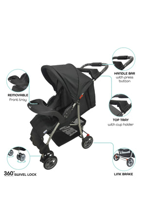 MOON Bezik - One Fold Stroller,Black + Grey dots