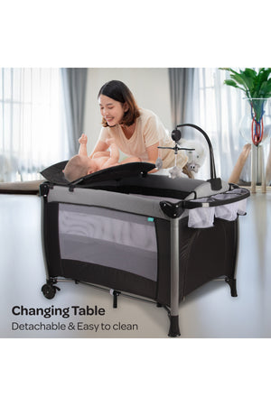 MOON Joypod Playpen with Removable Diaper Changer , Musical Toy & Lockable Wheels-Black