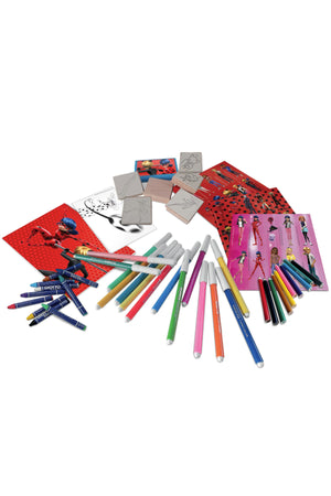 Miraculous Ladybug Mega Maxi Art & Stamp Set for Kids – 6 Wooden Rubber Stamps, Washable Ink Pad, 60 Colour Markers, Crayons, Colouring Book, Notebook & Stickers