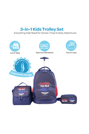 MOON Licensed Top Gun 3-in-1 Kids Trolley Set - (18-Inch) Premium Kids School Bag with Lunch Bag & Pencil Case-Blue
