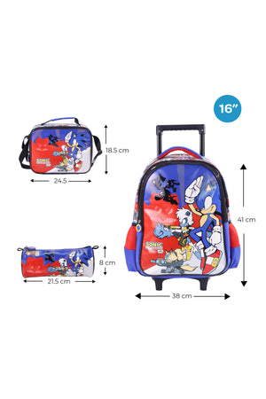 MOON Licensed SONIC the Hedgehog 3 in 1 Kids Trolley Set - (16-Inch) Premium Kids School Bag with Lunch Bag & Pencil Case-Red&Blue