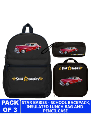 Star Babies 16-Inch Car Themed Children's Backpack with Adjustable Shoulder Strap for Hiking Large with Bento Lunch Bag and Dual Zipper Pencil Case Pack of 3