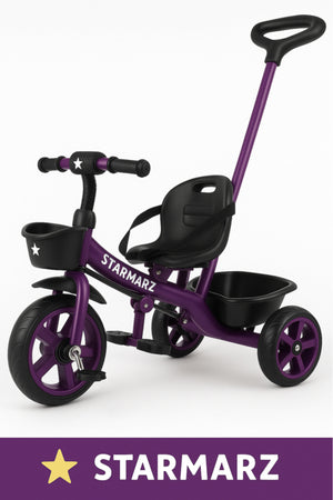 StarMarz Kids Tricycle with Push Handle | Toddler Ride-On Bike with Safety Seat, Backrest & Storage Basket | Baby Trike for Boys & Girls (1–4 Years) - Purple