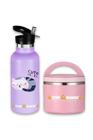 Star Babies - Stainless Steel Water Bottle & Food Jar Set - Cute Cat - 2 Pcs - 500ml
