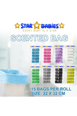 Star Babies - Scented Nappy Bag 8 Packs/120 Bags & Dispenser - Black/Grey/Green/Yellow