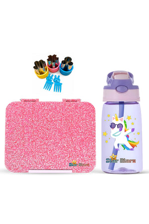 StarMarz - Little Princes Pink Bento Glitter Lunch Box with Plastic Water Bottle Dancing Unicorn (480ml) - Purple