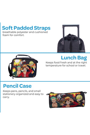 MOON Licensed One Piece 3 in 1 Kids Trolley Set - (16-Inch) Premium Kids School Bag with Lunch Bag & Pencil Case- Black
