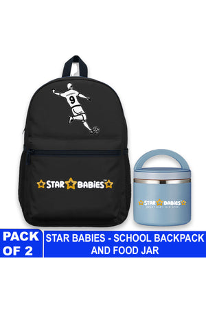 Star Babies Football theme 16-Inch Children's Backpack for boys Adjustable Shoulder Strap- Black With food jar,Blue-500ml