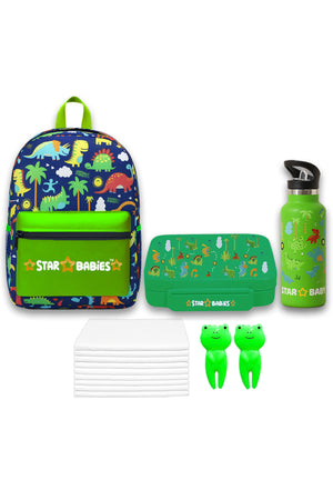 Star Babies 16-Inch Jungle Green Themed Children's Backpack with Adjustable Shoulder Strap for Hiking Large with 500 ml Stainless Steel Water Bottle and Bento Lunch Box with 4 Compartments, Leak-Proof, Toddler-Friendly, 3 Years+, Pack of 3