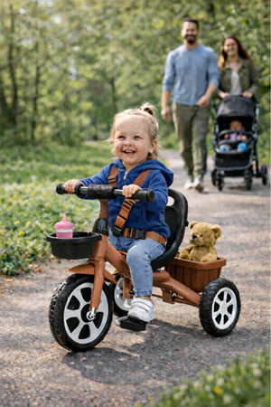 StarMarz Toddler 3-Wheel Tricycle Ride-On Toy with Safety Seat, Cup Holder & Rear Storage Basket - Brown