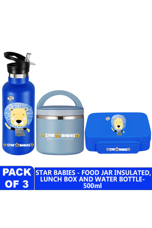 Star Babies Anti spill Brave lion Stainless Steel 500ml Water Bottles, with 5 Compartment Bento Lunch box and 500ml Stainless steel Food Jar