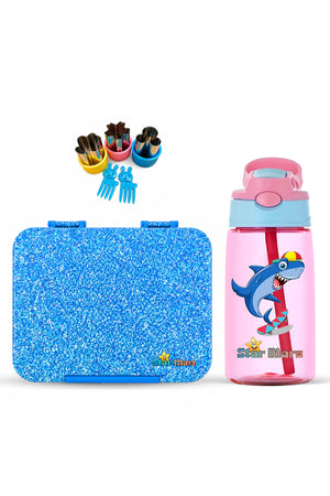 StarMarz - Unicorn Blue Bento Glitter Lunch Box wth Plastic Water Bottle Shark (480ml) - Pink