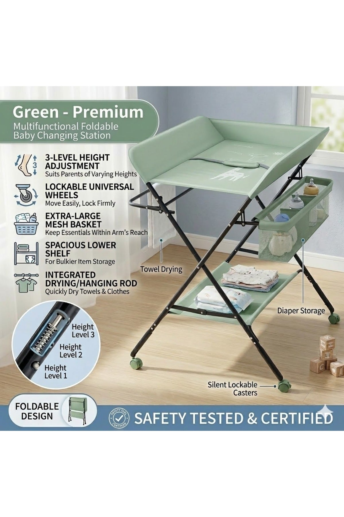 محمول طفل تغيير Table مع تخزين Organizer & Wheels – أخضر
