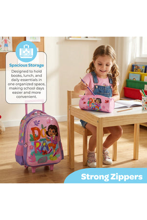MOON Licensed Dora the Explorer 3 in 1 Kids Trolley Set - (16-Inch) Premium Kids School Bag with Lunch Bag & Pencil Case-Pink