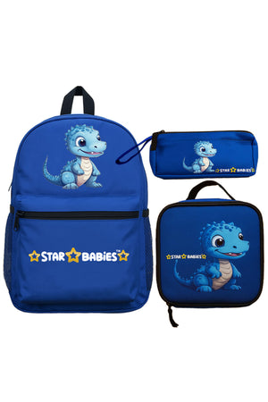 Star Babies 16-Inch Dino Themed Children's Backpack with Adjustable Shoulder Strap for Hiking Large with Bento Lunch Bag and Dual Zipper Pencil Case Pack of 3
