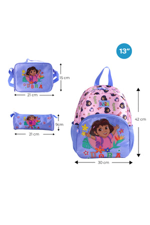 MOON Licensed Dora the Explorer 3-in-1 Kids Backpack Set - (13-Inch) Premium Kids School Bag with Lunch Bag & Pencil Case-Pink & Blue