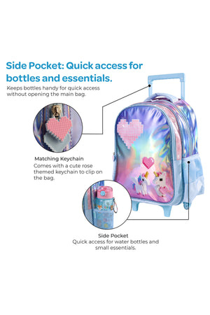 MOON Unicorn 3 in 1 Kids Trolley Set - (16-Inch) Premium Kids School Bag with Lunch Bag & Pencil Case- Pink &Blue