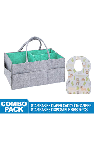 Star Babies - Diaper Caddy Organizer & Disposable Bib Assorted 20pcs - Grey Green