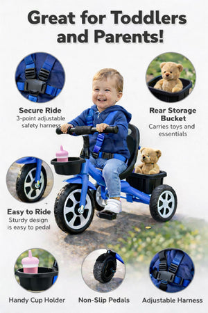 StarMarz Toddler 3-Wheel Tricycle Ride-On Toy with Safety Seat, Cup Holder & Rear Storage Basket - Blue