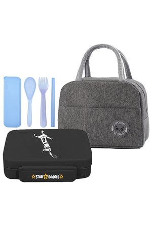 Star Babies Insulated Mini Lunch Bag with 5 Compartment Lunch Box and Fork-Spoon Set- Gray