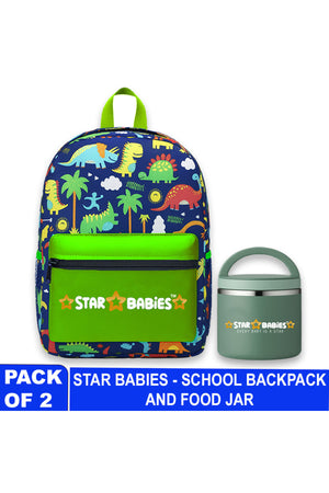 Star Babies Jungle theme 16-Inch Children's Backpack for boys Adjustable Shoulder Strap- Green With food jar,Green-500ml