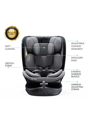 MOON Gyro Pro i-Size 360° Rotating Car Seat w/ ISOFIX for 40-150cm (Group 0+-1-2-3) 0m to 12Yr- ECE R129/E4 – Grey