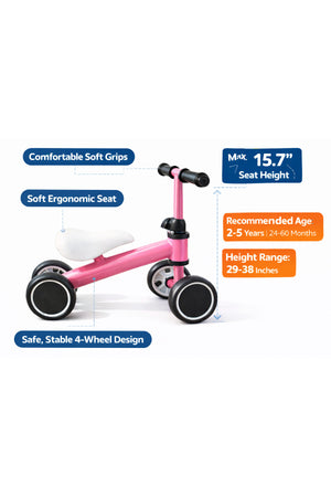 StarMarz Baby Balance Bike – 4-Wheel Toddler Training Bike for Indoor/Outdoor Riding, Soft Seat & No-Pedal Design for Safe Learning – Lightweight Kids First Bike (1–3 Years) – Pink