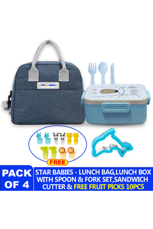 Kids Lunch Box Set – Insulated Blue Lunch Bag + Bento Box with , Sandwich Cutter & Fruit Picks free