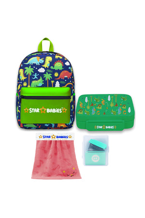 Star Babies 16-Inch Jungle Green Themed Children's Backpack with Adjustable Shoulder Strap for Hiking Large with Bento Lunch Box with 4 Compartments, BPA Free, Leak-Proof, Toddler-Friendly, 3 Years+ size,Pack of 2