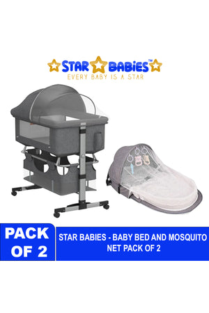 Star Babies - Adjustable Bedside Crib With Net & Storage Basket And Infant Bed With Mosquito Net - Grey