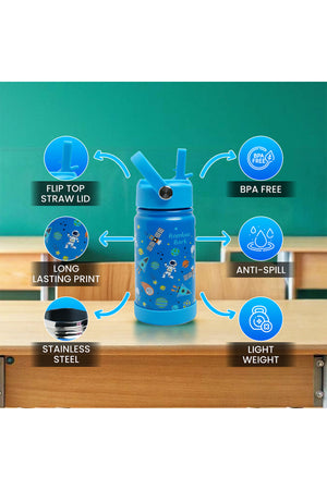 Bamboo Bark Insulated Water Bottle with Straw & Handle – Stainless Steel Double Wall Thermos Flask for Hot & Cold Water, Leak-Proof & Reusable Kids Water Bottle