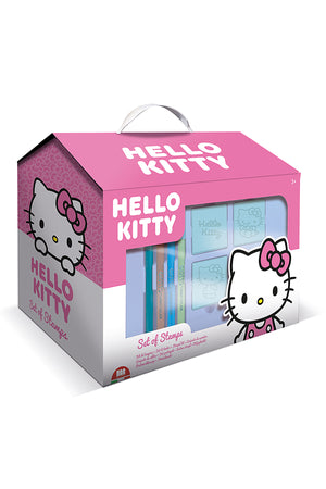 Multiprint Hello Kitty Little House Set – 7 Wooden Stamps, Blue Washable Ink Pad, 7 Colored Markers, Drawing Book, Badges & Cardboard Characters – 100% Made in Italy