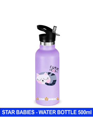 Star Babies Cute Cat Theme Anti Spil Stainless Steel 500ml Water Bottles, Vacuum Insulated Double Wall Travel Bottle with Leak-Proof hot and cold with a special Straw 3 to 6 Years- Purple