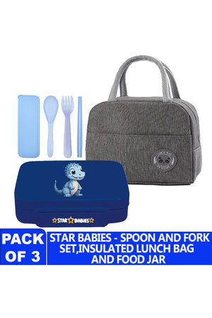 Star Babies Insulated Mini Lunch Bag with 5 Compartment Lunch Box and Fork-Spoon Set- Gray
