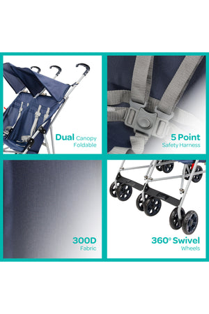 MOON Jet Plus Twin Buggy Lightweight Travel strollers - up to 30Kg,6m+ -Dark Blue