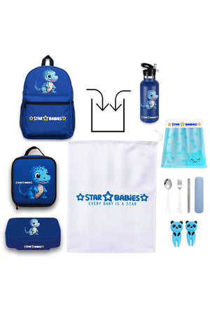 Star Babies Set of 4 – Blue Dino Theme 16" School Bag, 4-Compartment Lunch Box, Insulated Lunch Bag, 500ml Water Bottle