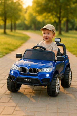 Urban Tots 4x4 Battery Operated Ride-On Jeep for Kids – 12V Dual Motor, Music, LED Lights, Parental Remote Control, Rechargeable Electric Car – Blue and black