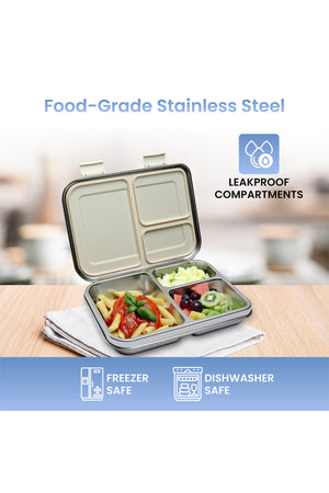 Bamboo Bark Stainless Steel Bento Lunch Box with Lid, 1030ml Leakproof Metal Stackable Snack Box, and 3 Multi-Compartment Divided Meal Prep Food Storage Containers for School, Travel and Work – (Butterfly Print)
