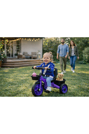 StarMarz Toddler 3-Wheel Tricycle Ride-On Toy with Safety Seat, Cup Holder & Rear Storage Basket - Purple