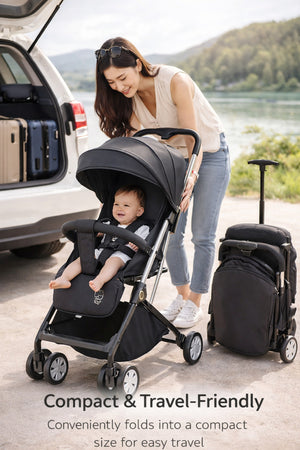 Kikibebe Lightweight Cabin Travel Stroller – Baby Toddler Pushchair with Trolley Handle, Waterproof – Black