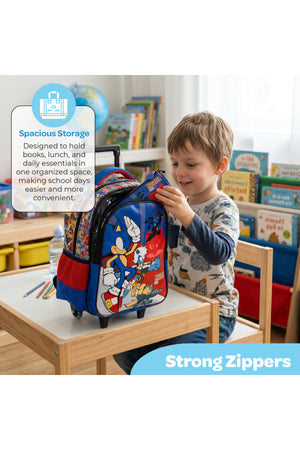 MOON Licensed SONIC the Hedgehog 3 in 1 Kids Trolley Set - (16-Inch) Premium Kids School Bag with Lunch Bag & Pencil Case-Red&Blue