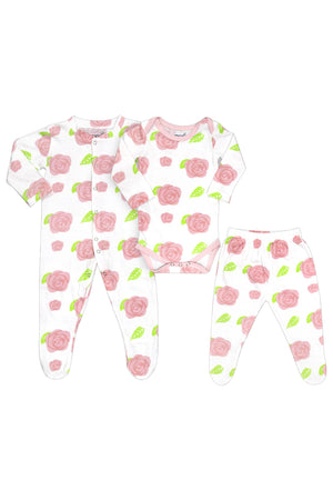 MOON Organic Baby 3 in 1 Gift Set- Romper-Body Suit-Jogger for 9-12 Months - Rose Print