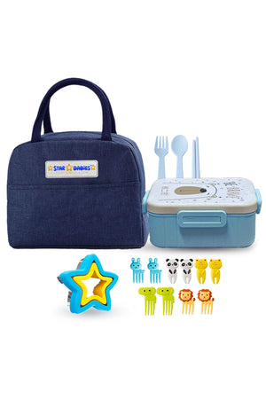 Kids Lunch Box Set – Blue Insulated Lunch Bag + Bento Box with , Sandwich Cutter & Fruit Picks free