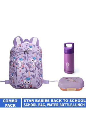 Star Babies - School Bag 9.84-inches, Water Bottle 300ml & 2 Compartment Lunch Box - Lavender