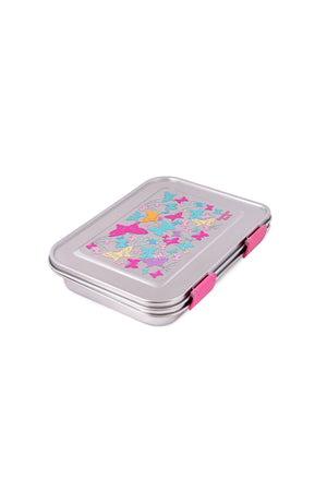 Bamboo Bark Stainless Steel Bento Lunch Box with Lid, 1030ml Leakproof Metal Stackable Snack Box, and 3 Multi-Compartment Divided Meal Prep Food Storage Containers for School, Travel and Work – (Butterfly Print)