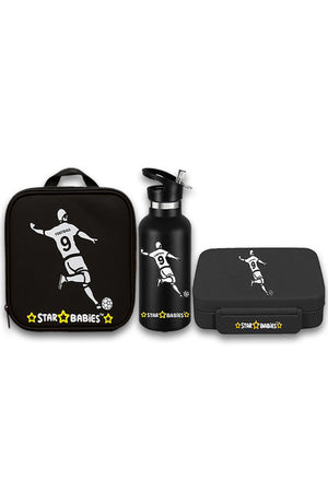 Star Babies - 5 Compartment Lunch Box, Lunch Bag & Stainless Steel Water Bottle Set - Football - 3 Pcs